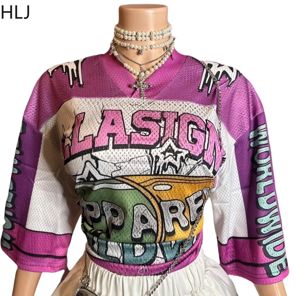 HLJ Purple Fashion Letter Basketaball Tshirt Two Piece Sets Women Outfits Autumn New V Neck Loose Top And Mini Skirts Streetwear