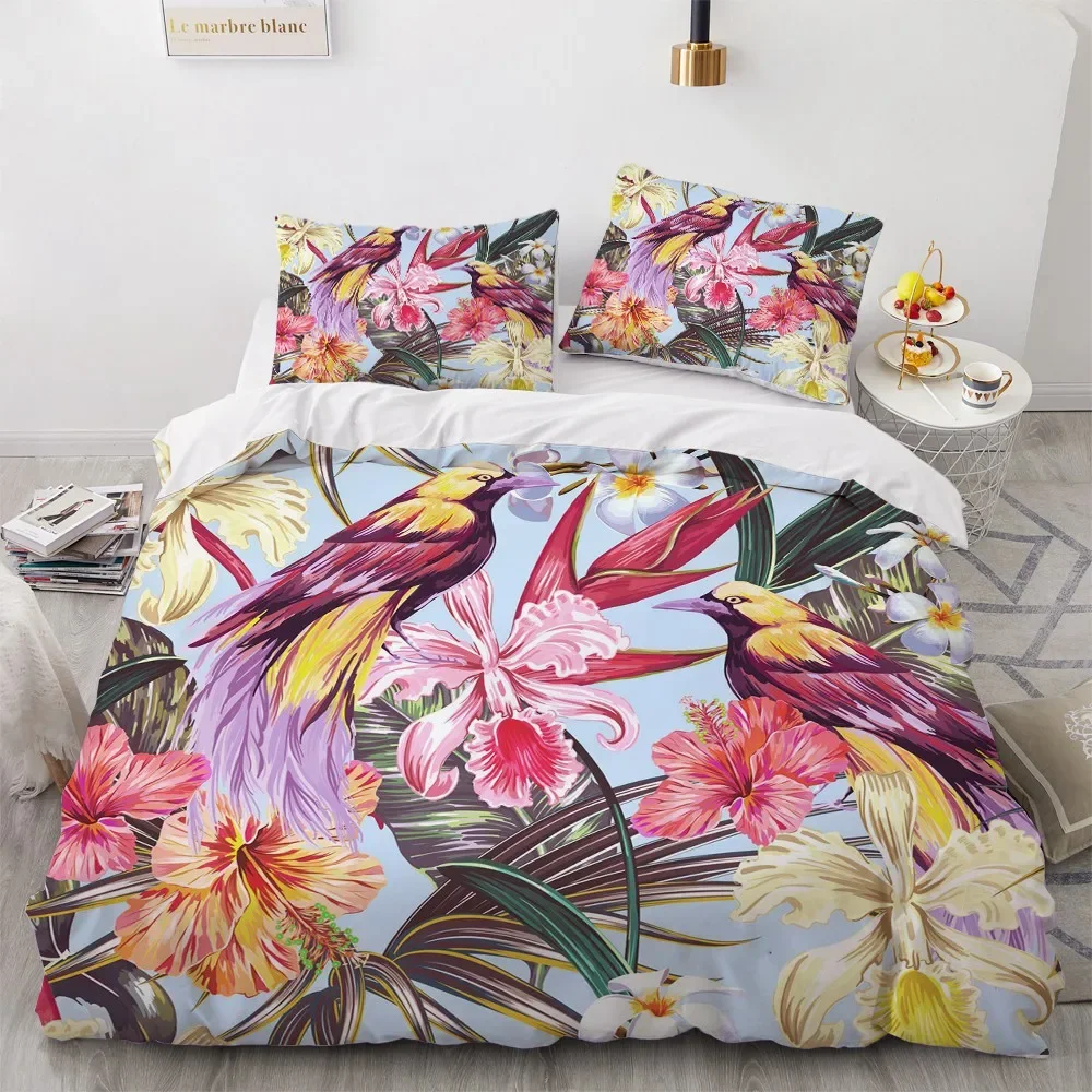 3PCS Single-sided Flower Bird Printed Comforter Bedding Sets Comfortable Bedspreads Comforter Duvet King Bedding Birthday Gift