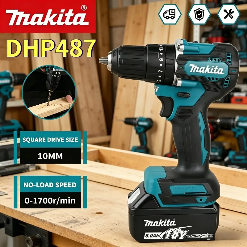 

Ударная дрель Makita DHP487, электрическая отвертка с высоким крутящим моментом, бесщеточный аккумуляторный инструмент для литиевой батареи 18 В.