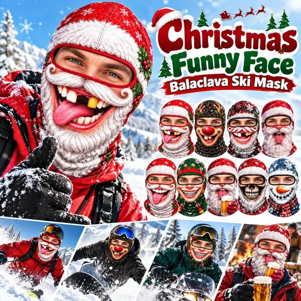 3D Printed Full Face Christmas Funny Ski Mask Full Coverage Snowflake Pattern Winter Mask Cover Elastic Breathable Eye Hole