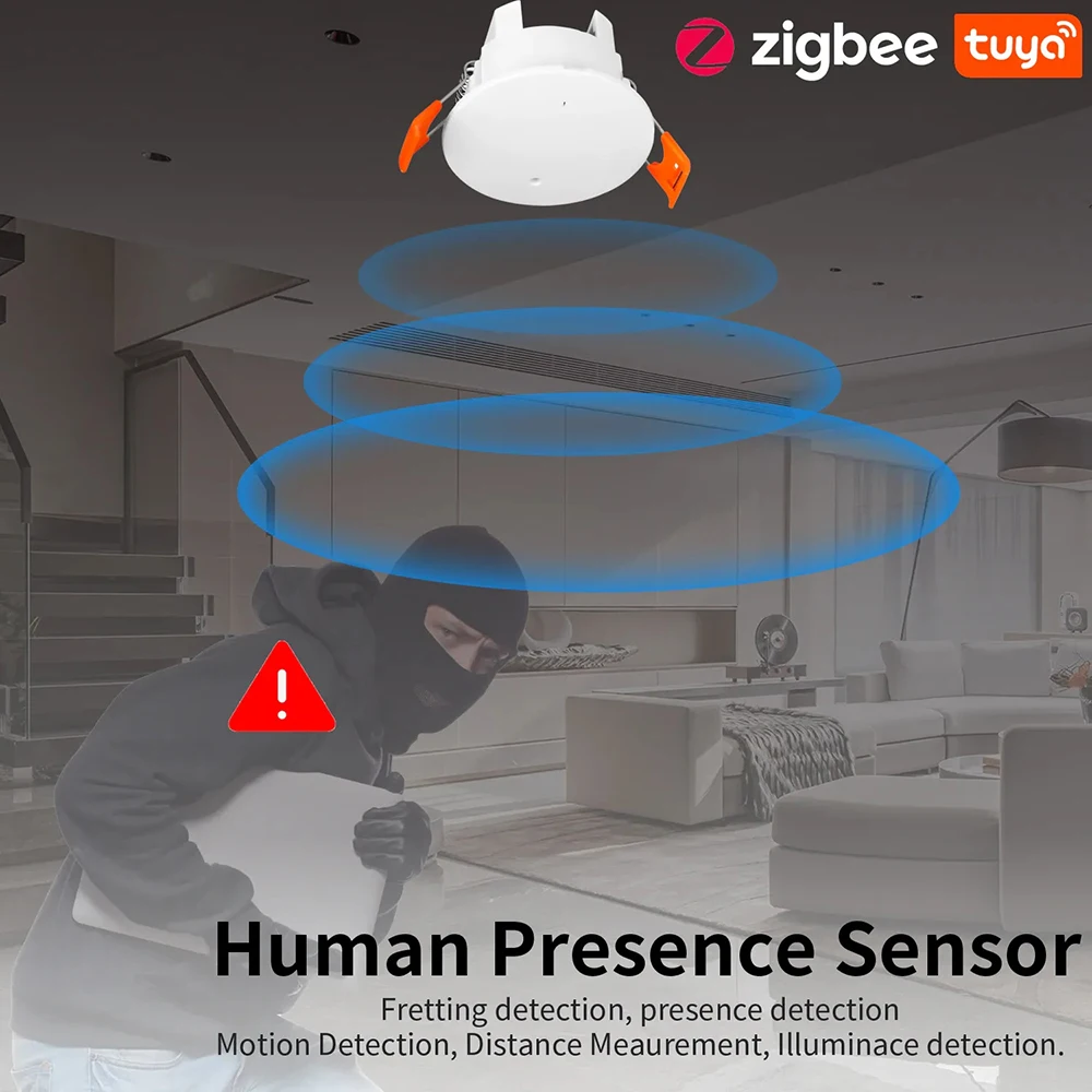 ทำงานร่วมกับ Tuya ZigBee เซ็นเซอร์ตรวจจับเอ็มเอ็มเอ็มเวฟของมนุษย์เครื่องตรวจเรดาร์เซ็นเซอร์ตรวจจับการเคลื่อนไหวไวไฟพร้อมการตรวจจับความสว่าง/ระยะทาง