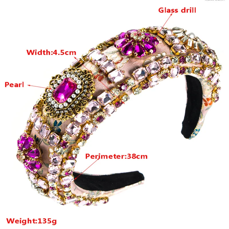 Baroque Palace Full Color Drill Hair Hoops Wide Edge Embroidery Diamonds Headbands Wedding Party Hair Accessories and Headwear