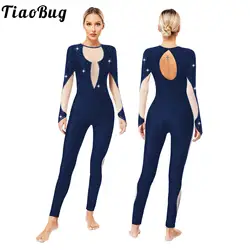 Womens Ballet Jumpsuits Long Sleeve Shiny Rhinestone Figure Skating Gymnastics Full Body Suit Dance Leotard Sport Dance Wear