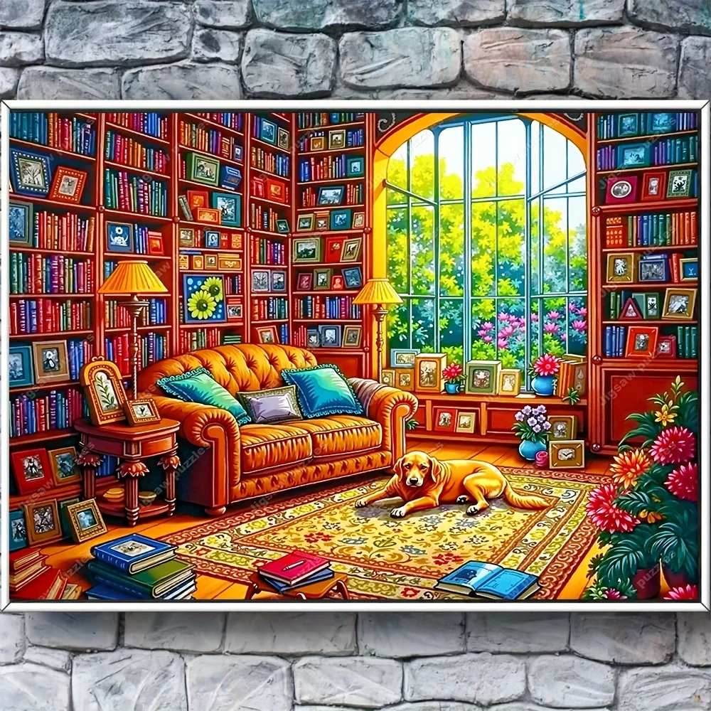 

Пазл 2000/1314/1000/520 шт. — библиотечная сцена с книжными полками, видом на диван и сад — сложный пазл для взрослых и семьи