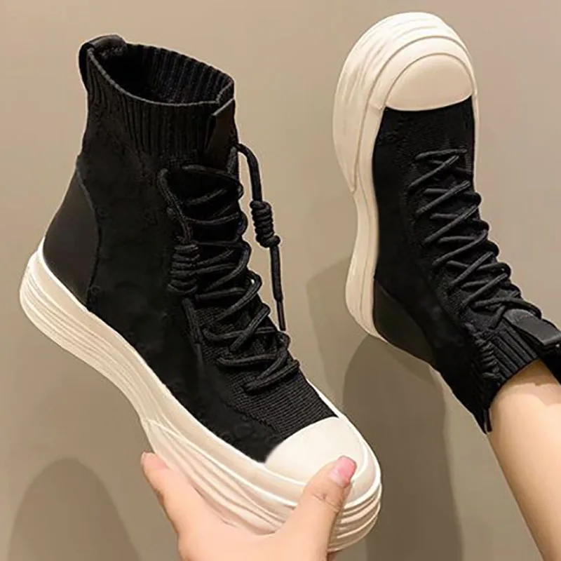 Fashion Boots Women Breathable Sneakers Elastic Fabric Sport Shoes for Woman Casual Vulcanized Flats High Top Zapatos Mujer