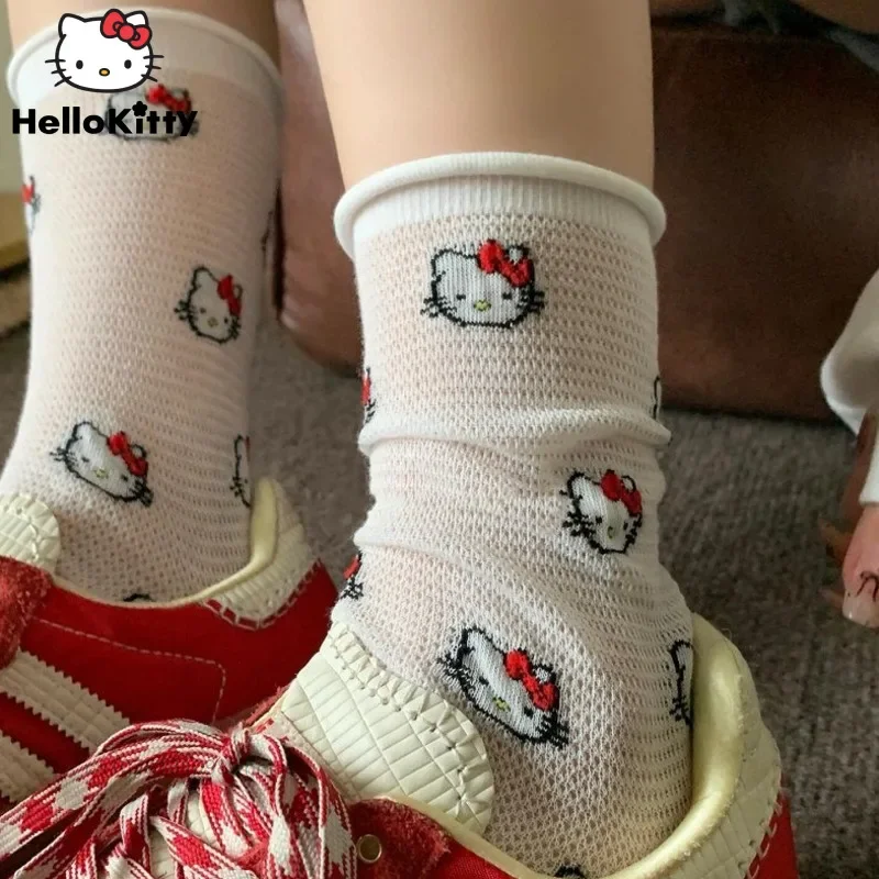 2 Pairs Sanrio Hello Kitty Summer Thin Hollow Mesh Curled Bow Mid Length Socks for Girls Breathable Sportwear Accessories Gifts