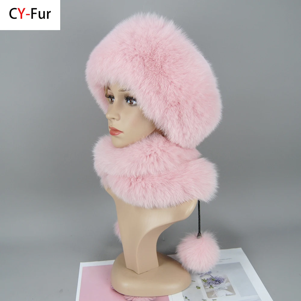 

Women's Winter Hat With Real Natural Fox Fur Surround Extra length Can Be Used As A Scarf With Hanging Chain In The Back Caps