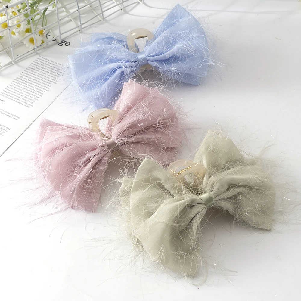 Large Bright Silk Fringe Bow Hair Claw Barrettes Flower Bowknot Ponytail Hairpin Hair Crabs Clip Ladies Fashion Hair Accessories