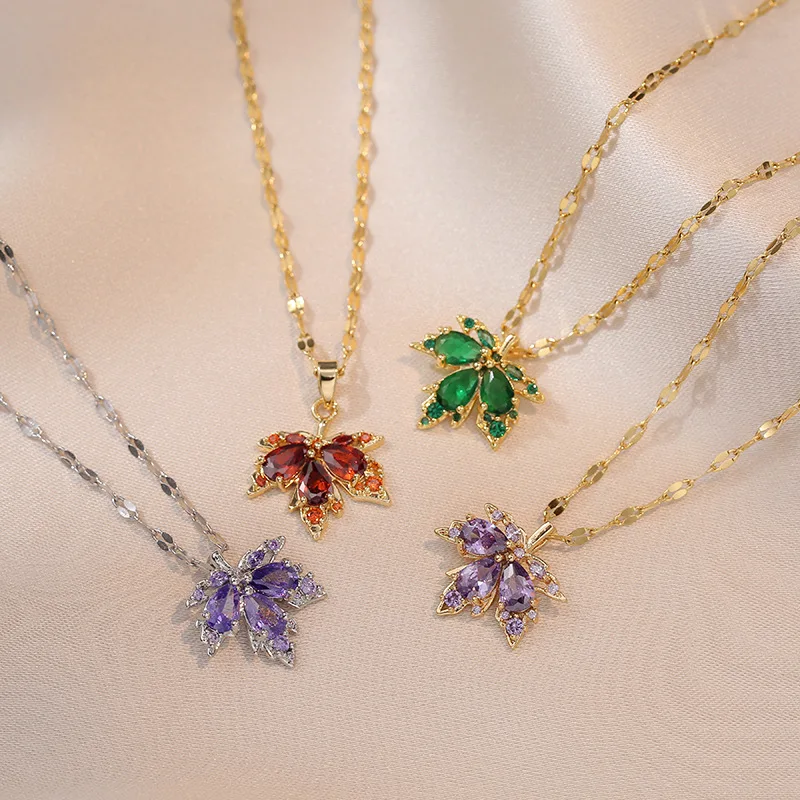 316L Stainless Steel Red Maple Leaf Crystal Pendant Necklace For Women Girl New Trend Clavicle Chain Jewelry Gift Party