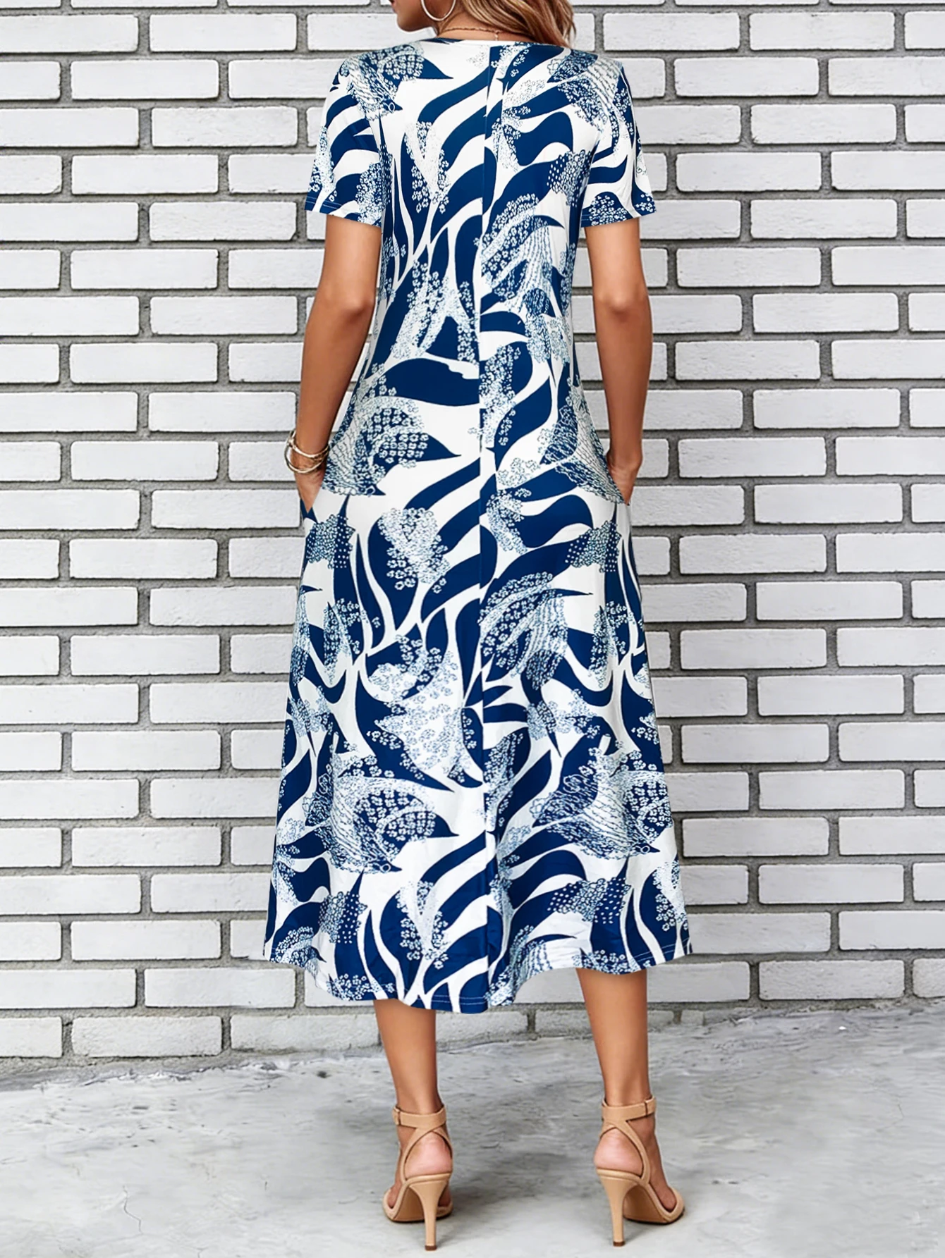 Women's Navy Blue Abstract Print Maxi Dress Summer Casual V Neck Short Sleeve A Line Flowy Dress With Pocket - view 3