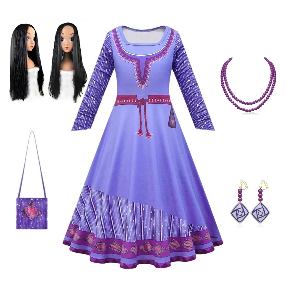 

Wish Asha Cosplay Costume Girls Purple Dress Necklace Earrings Wig Full Set Kids Asha Princess Role Play Suit Halloween Party