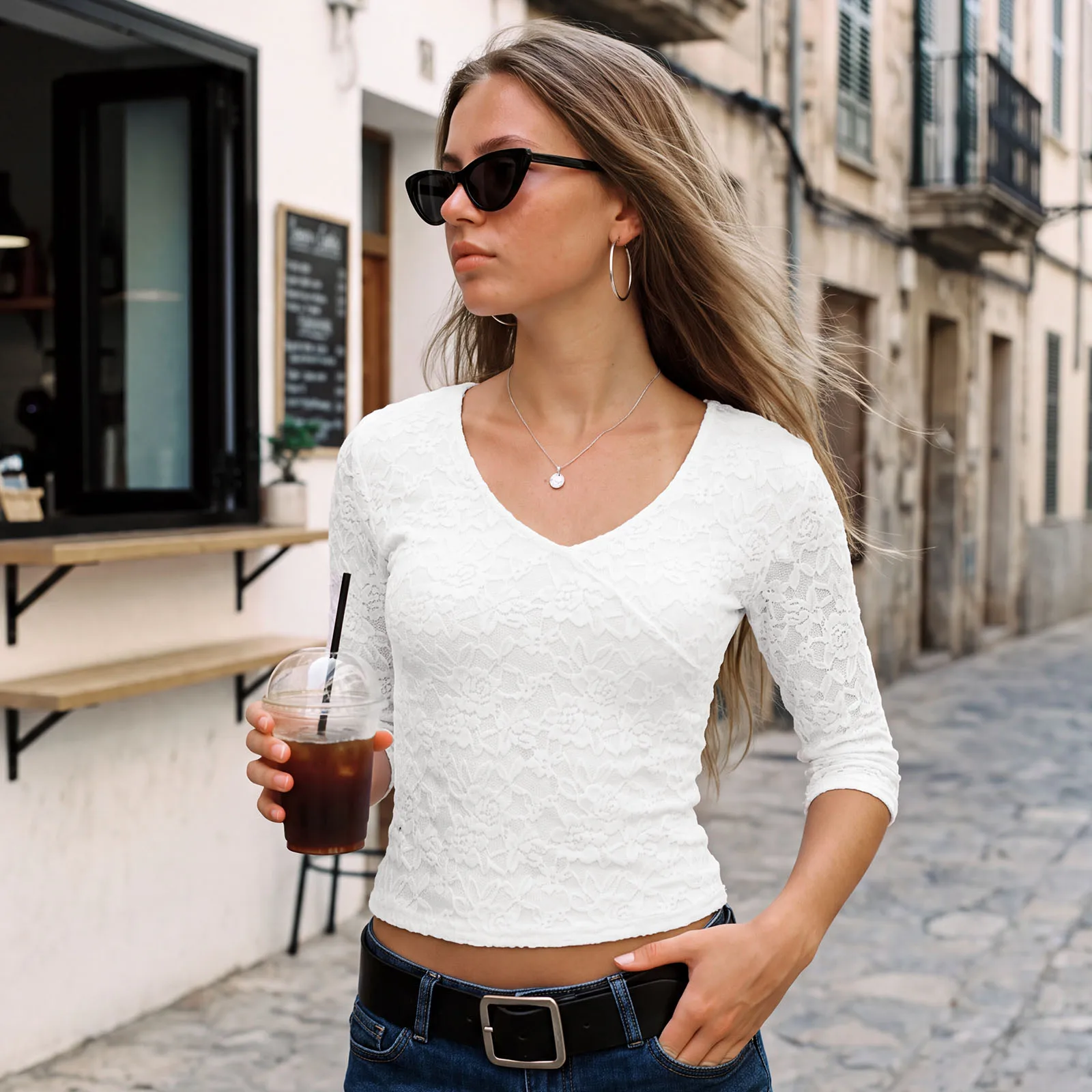 Womens Solid Color Floral Lace Tops Fall Cross Wrap V Neck 3/4 Sleeve Fashion T-shirts