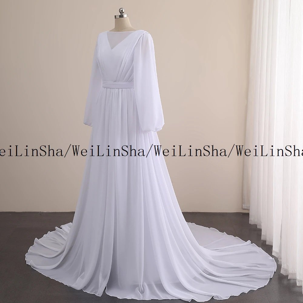 Welinsha Chiffon Hochzeit Kleider Chic Weiß Boot-ausschnitt Kapelle Zug Brautkleider 2022 Neue Echten Schuss Elegante frauen Kleid robe