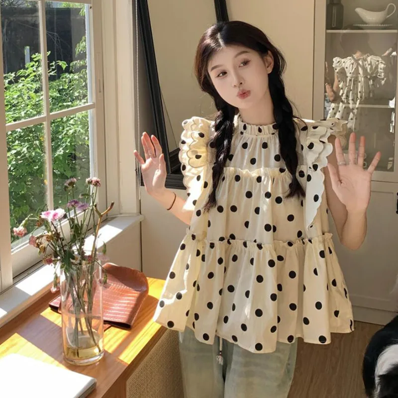 Sweet Pok Dot Flying Sleeve Blouse For Women's Summer 2023 New Korean Style Wood Ears Loose Casual Unique Small Shirt Top s611