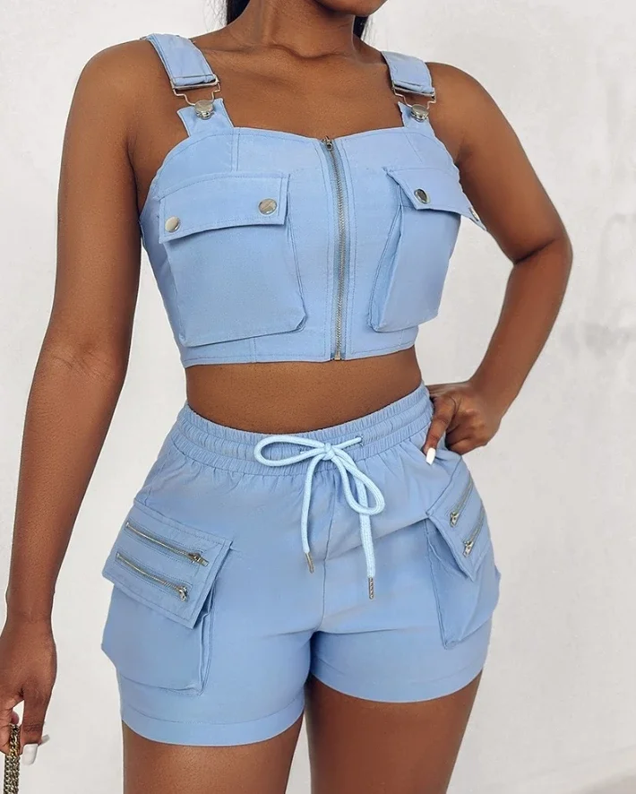 Elegant Two Piece Sets Outfit Sexy Womens  2024 Summer Snap Button Pocket Design Cami Top & Fashion Zipper Design Shorts Suit