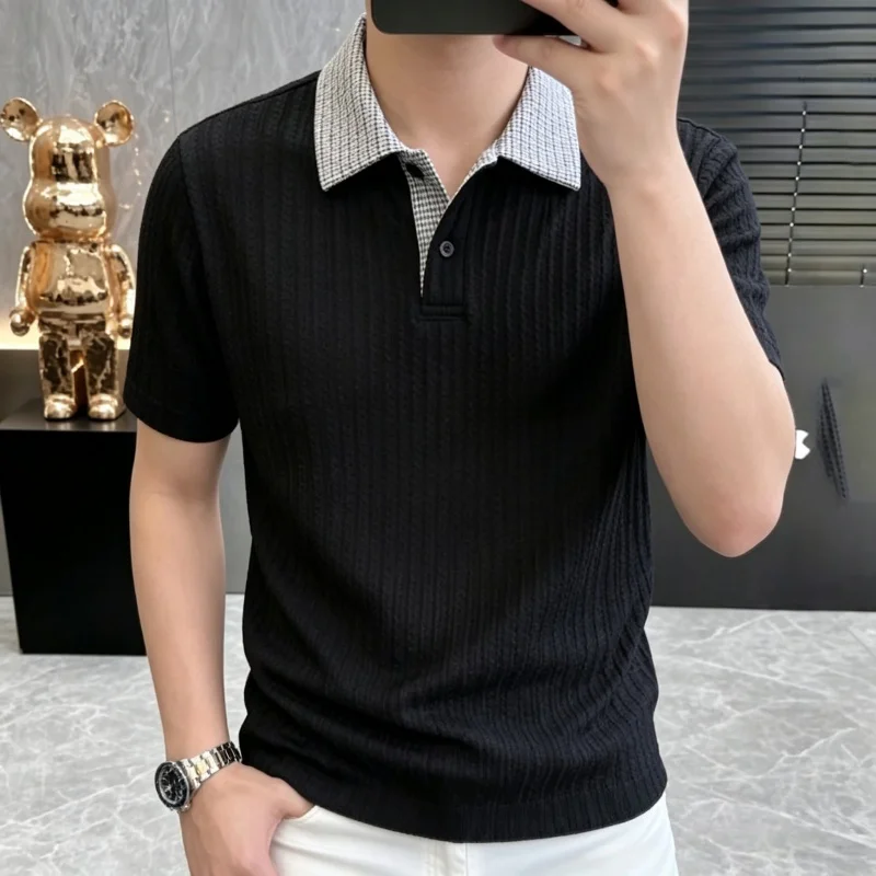 Summer Men's Fashion Casual Knitted Plaid Collar Polo Shirt Short Sleeve