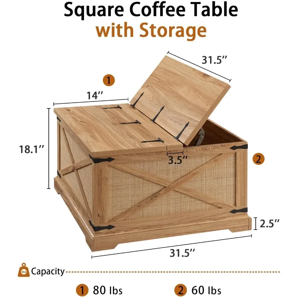 Farmhouse Square Coffee Table with Storage,Wood CenterTable with Hinged Lift Top,Rustic Cocktail Table with Large Hidden Storage