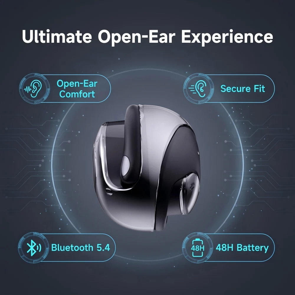 Open Ear Headphones Wireless Bluetooth 5.4 OWS Earbuds Earhooks Mic IPX5 Waterproof 48H Sport Running Workout Driving Black