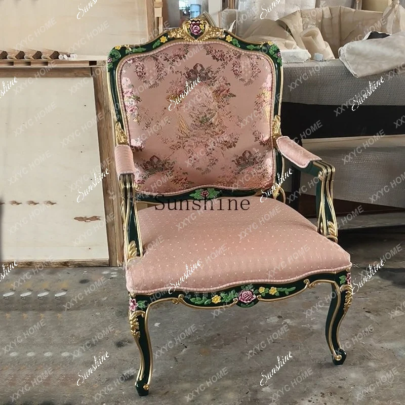 Solid wood carved single chair  embroidery book chair Fabric leisure chair