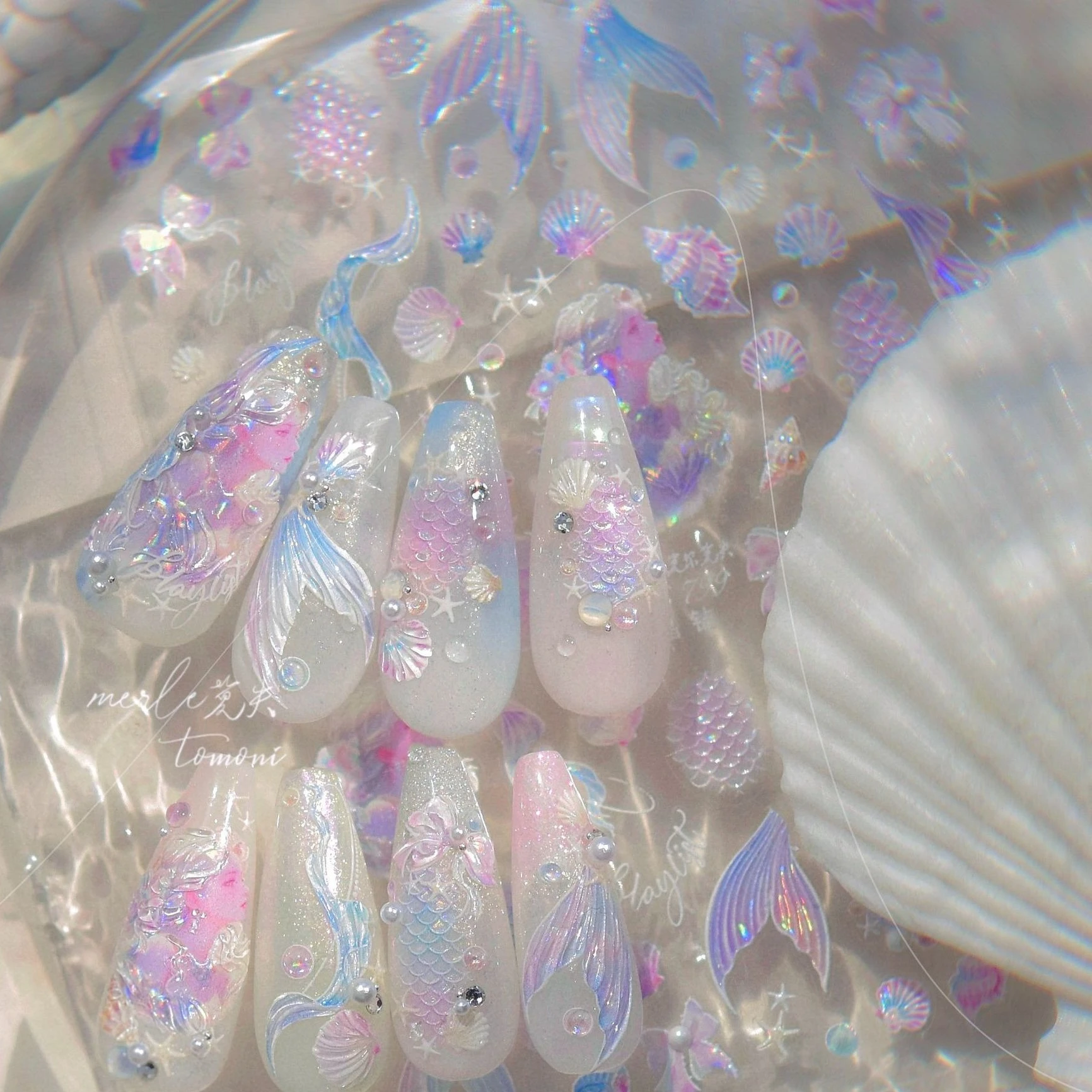 Mermaid Girl Conch Starfish Shell Bowknot Fish Scale Purple Ribbon Water Bubbles Chic Adhesive Nail Art Sticker Manicure Decals