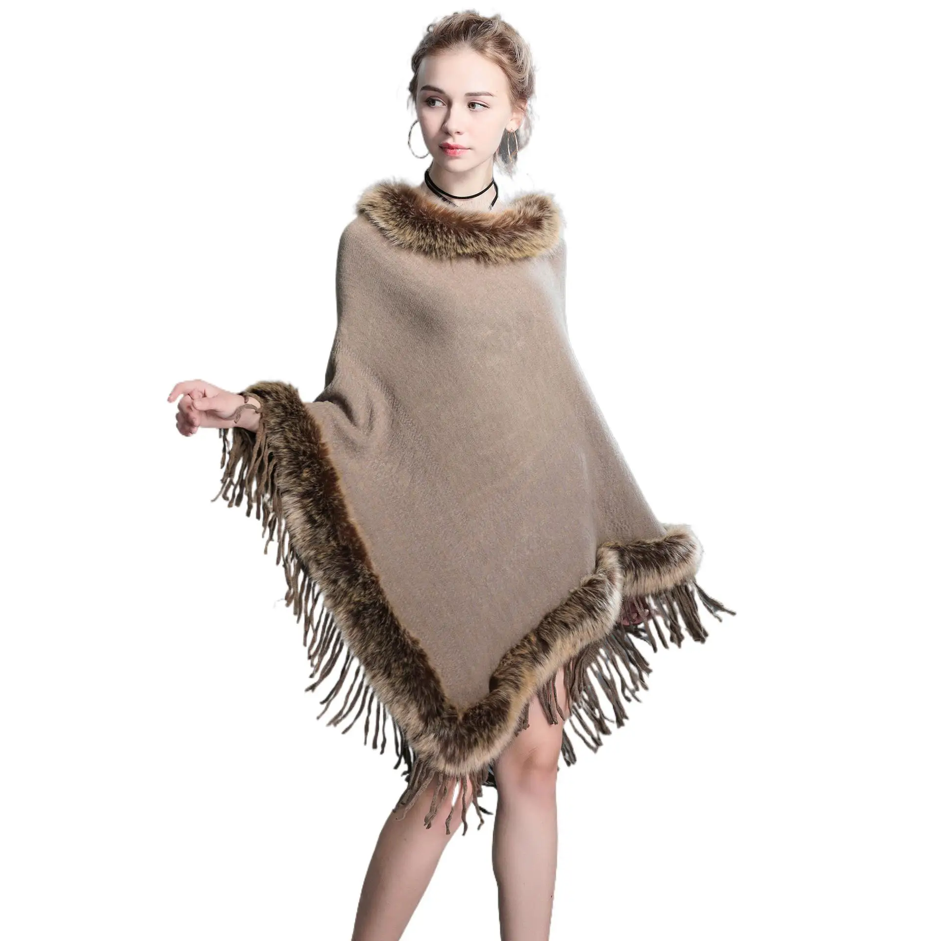 Autumn Winter New Imitation Raccoon Fur Collar Cape  Tassel Knitted Pullover Fur Cloak Female Ponchos Capes Black Cloaks