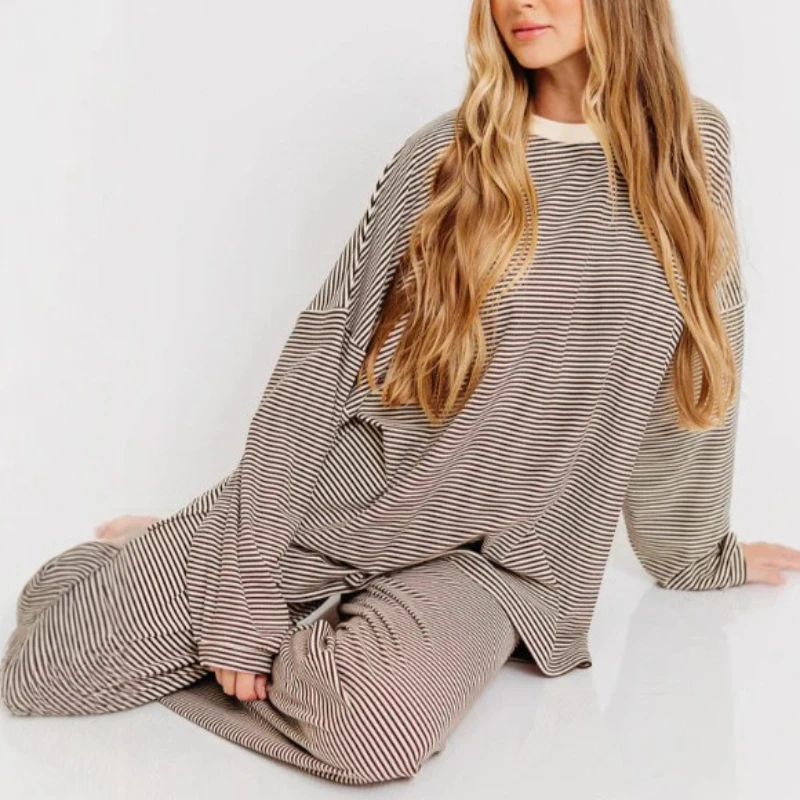 

Fashion Striped Casual Home Clothes Pajamas Suit Women's Comfortable Round Neck Long-sleeved Trousers
