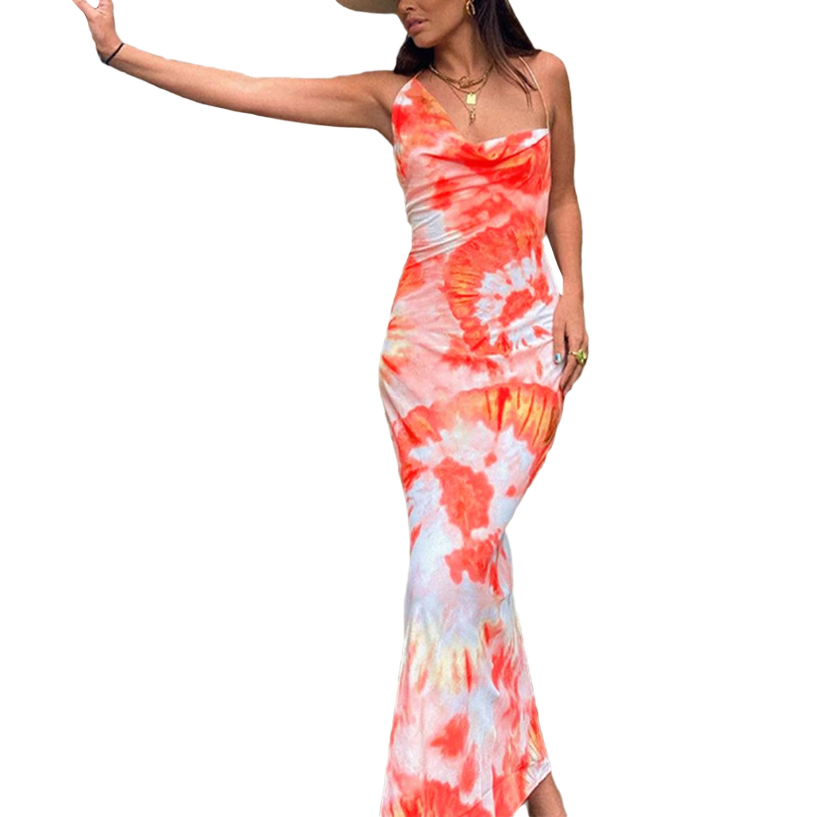 Women Y2k Sleeveless Sling Maxi Dress Summer Tie-dyed Printed Boat Neck Dress Sexy Backless Sundress