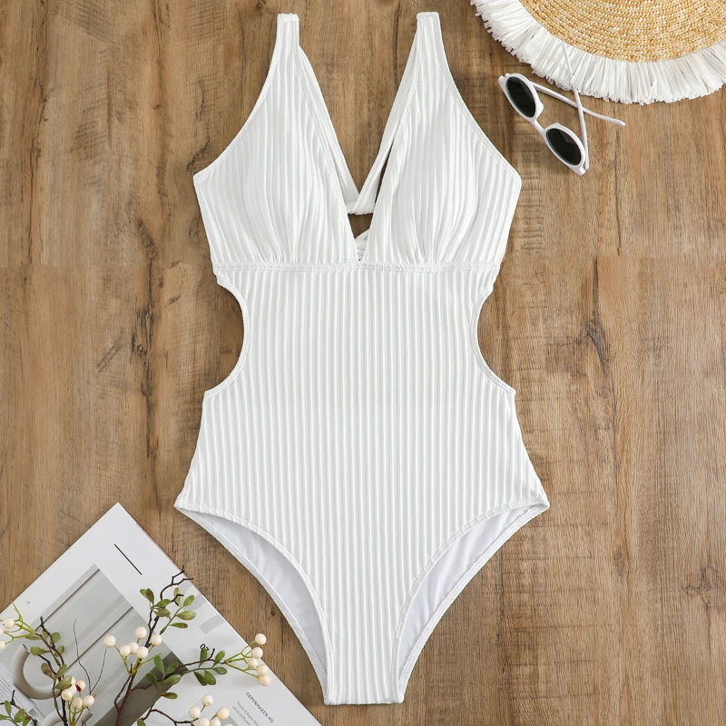 Summer Beach Style Women Bikini Neck Tie Backless Hollow Vertical Fabric Slim White High Waist Female One Piece Trendy Swimwear