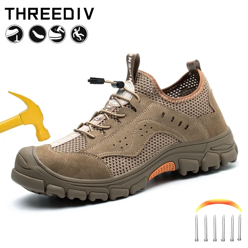 Summer 2024 Steel Toe Leather Upper With Breathable Mesh Boots Lightweight Safety Shoes Industrial Sport Boots Man Male sneakers