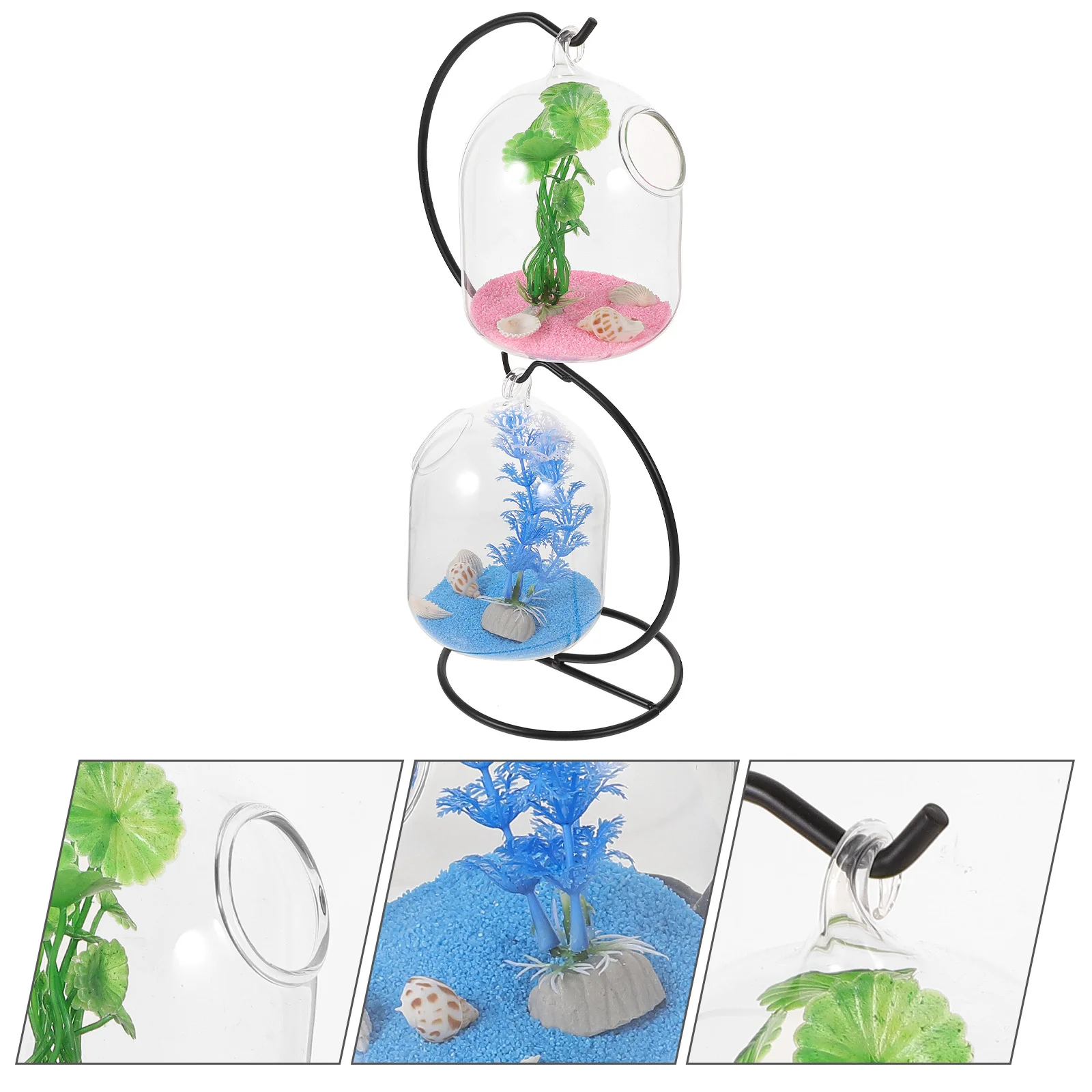 

1 set Hanging Fish Tank Transparent Glass Desktop Aquarium For Betta Goldfish Space Saving Decorative Bowl With Iron Stand