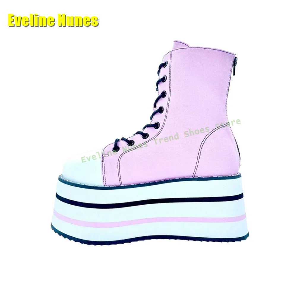 Pink Denim Platform Cross Toed Ankle Boots Round Toe Thick Sole Height Increasing Mixed Colors Spicy Girl Fashion Pumps Spring