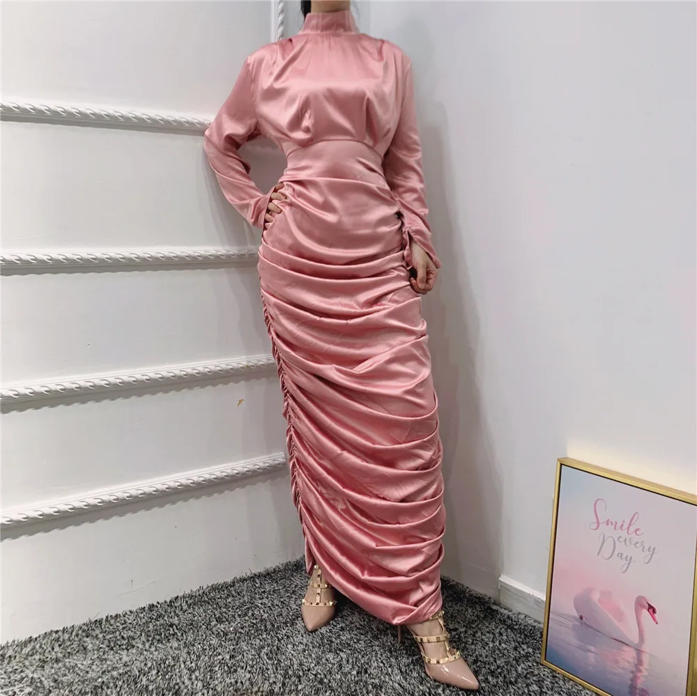 Fashion malaysia elegant satin body-con pleated long maxi slim muslim clothing dress for women