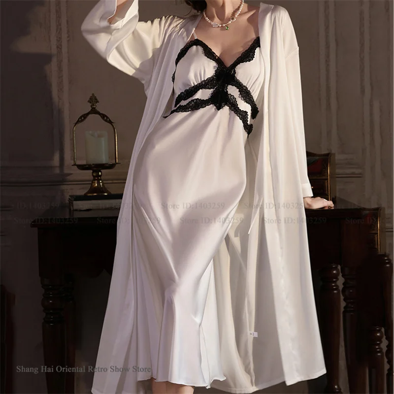 

Новый женский комплект: длинный халат-кимоно с кружевом, элегантный пеньюар, сексуальная ночная сорочка, свободная атласная одежда для сна, неглиже