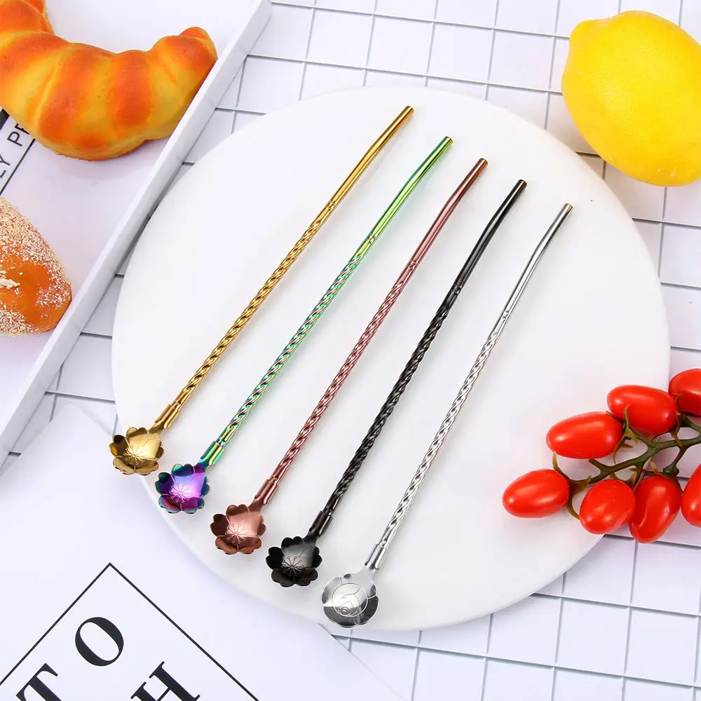 Reusable Stainless Steel Long Twisted Straw Spoon Tea Scoop Colored  Straw Cocktail Coffee Stirring Spoon