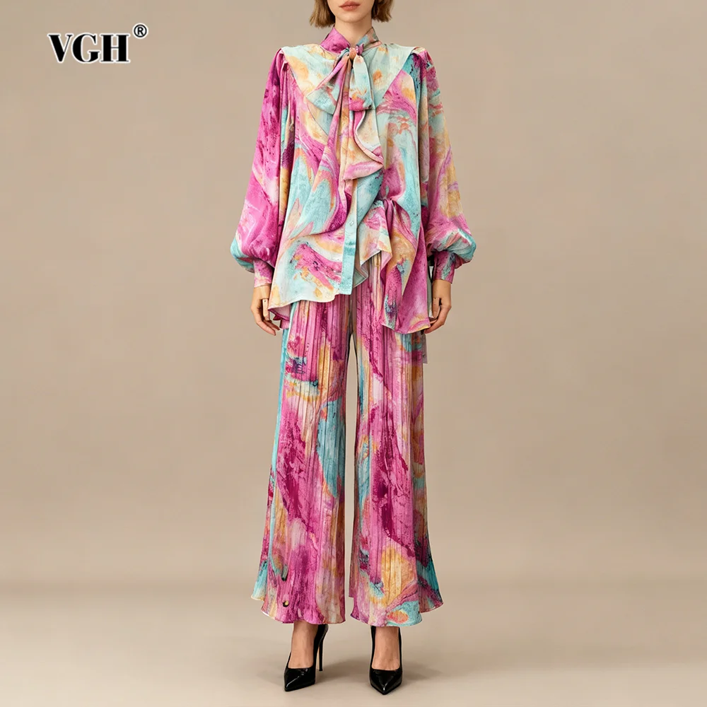 

VGH Элегантный комплект из двух предметов с принтом тай-дай для женщин, шарф, воротник, блузка с длинными рукавами, расклешенные брюки с высокой талией, костюм Tmeprament, женский весенний костюм