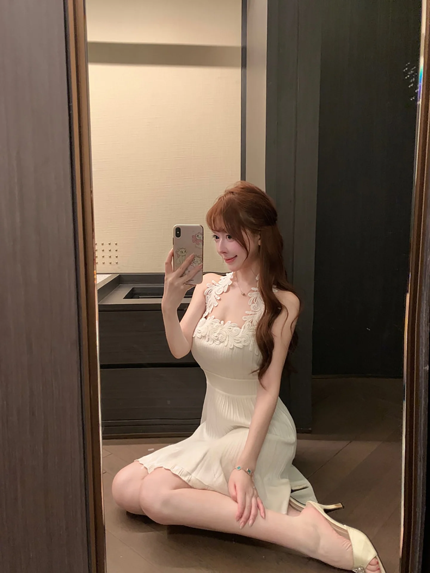 Pure Desire Lace Knitted Dress Women's Waist Cinching A-Line Short Skirt Beautiful Personality French Style Summer Fashion
