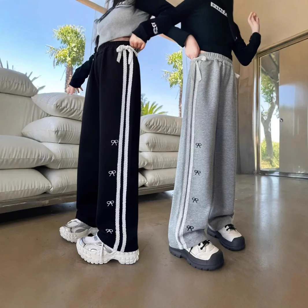 

Широкие брюки для девочек, осенние повседневные брюки с бантом для подростков, кружевные брюки, новинка 2025, детские модные прямые брюки, детская свободная одежда