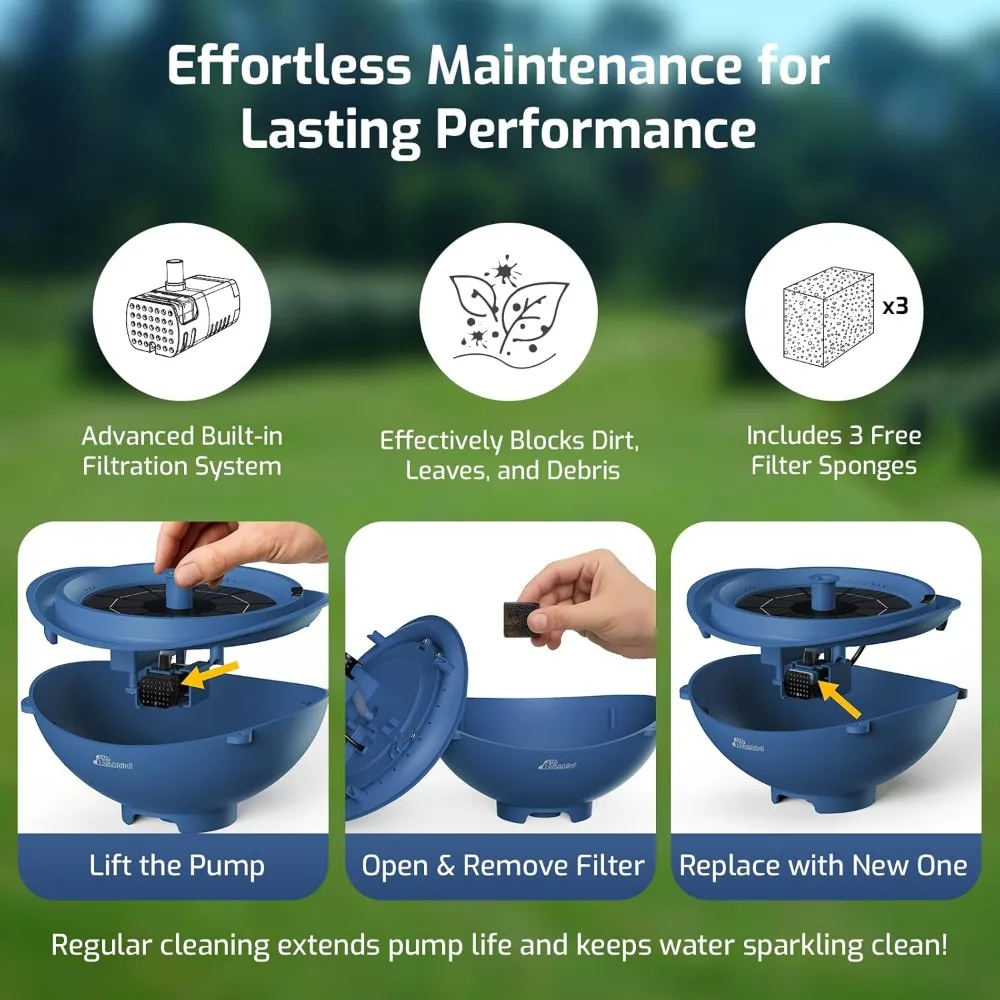 ソーラーパワーの鳥の水飲み場、噴水付き、バッテリーバックアップ、庭やパティオの装飾用の3-in-1吊り下げ式または自立式デザイン