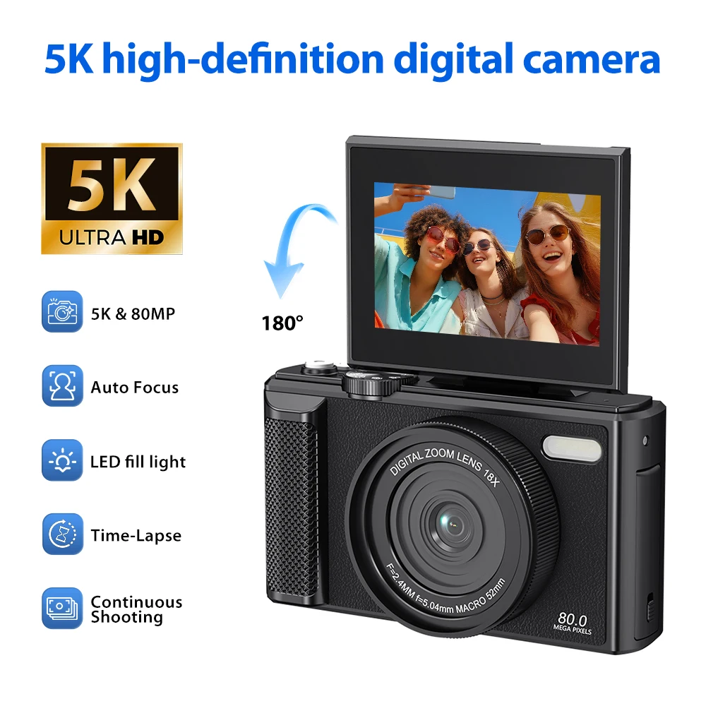 

Камера Ultra HD 5K, максимальное разрешение фото 75 МП, автофокус AF, HD-экран 3,0 дюйма, цифровой зум 18x, управление через Wi-Fi приложение, совместимость с веб-камерами.