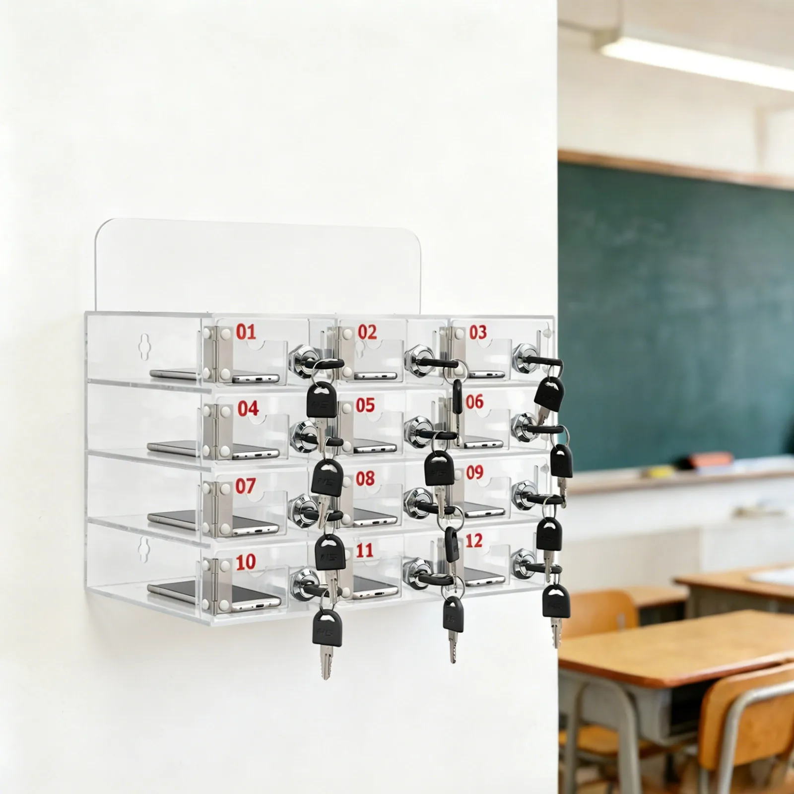 

12 Slots 12.32*7.28*8.7in Stable Cell Phone Storage Cabinet Acrylic Cell Phone Storage Cabinet for Mobile Phones Headphones Calculators