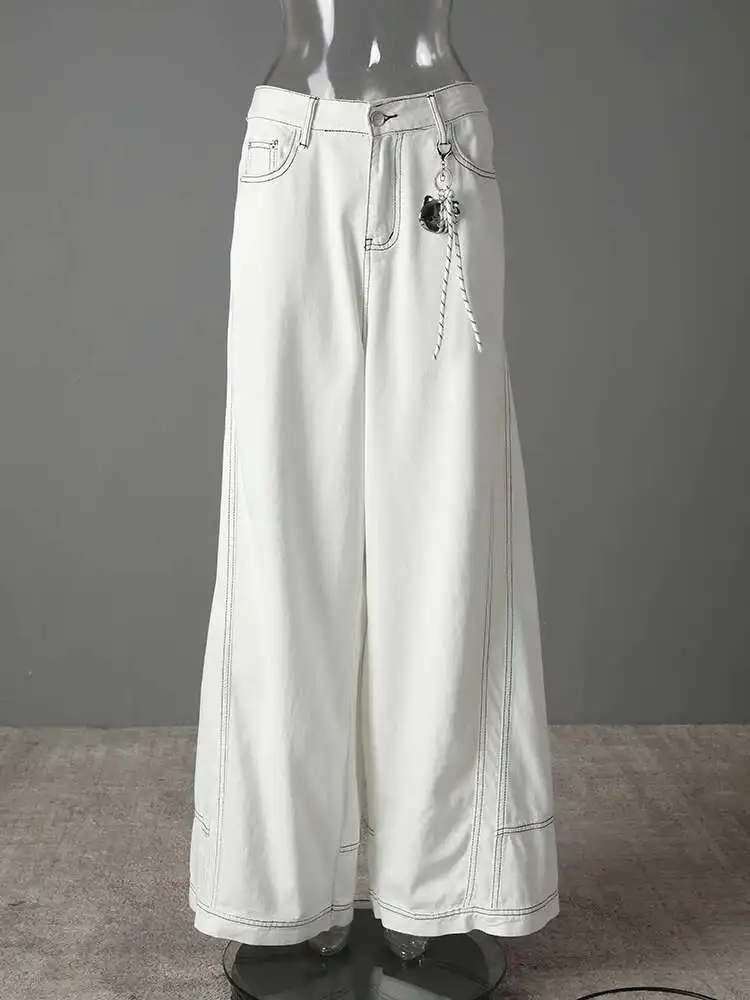 ZMEENNA 女性のホワイトワイドレッグジーンズハイウエストルーズフィットデニムパンツコントラストステッチカジュアルストレートファッション ZM3273