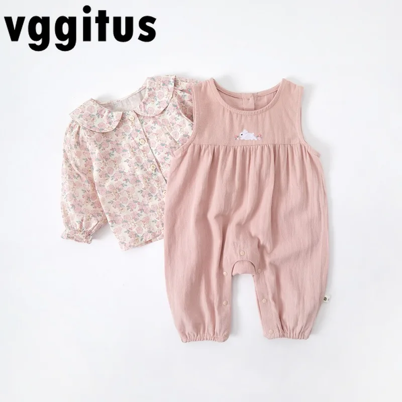 

2026 Пасхальный весенне-осенний комплект для маленьких девочек, рубашка с воротником Питера Пэна и длинными рукавами, комбинезон с вышивкой кролика, милая повседневная одежда B1465