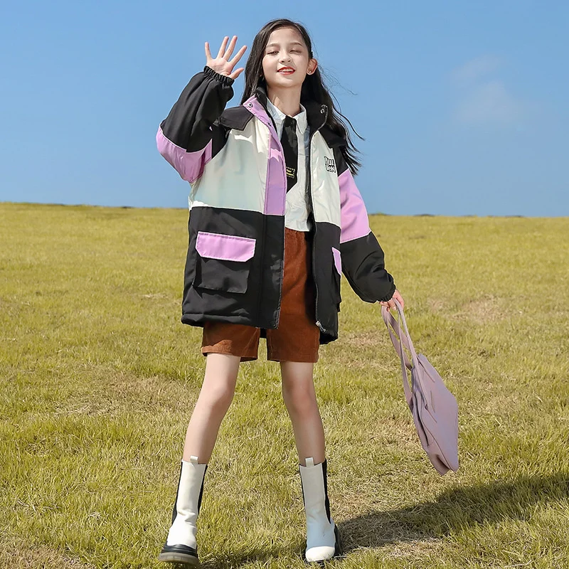 

2023 Girls Coat Autumn Winter New Fashion Hooded Patchwork Thicken Jackets Korean Teenager Clohtes Casual Outerwear High Quality