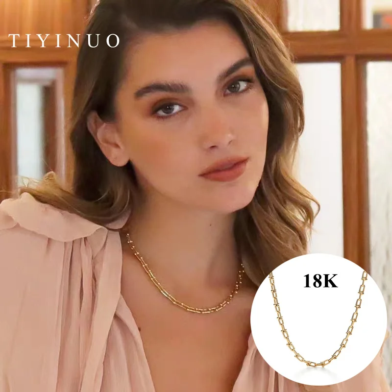 TIYINUO Authentic AU750 Real 18K Gold Horseshoe Buckle Chain Necklace Bracelet Precious Gift  Present For Woman Fine Jewelry