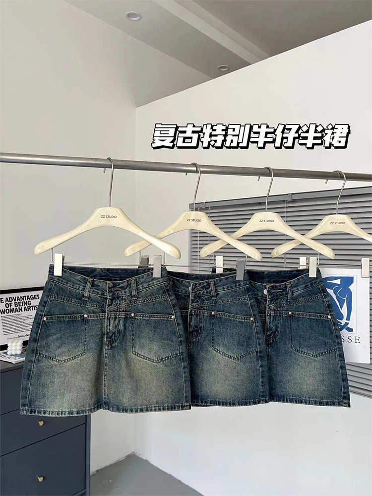 

Women's Blue A-line Denim Skirt Vintage Aesthetic Y2k Mini Jean Skirt Harajuku Korean Streetwear Skirt 2000s Clothes Summer 2024