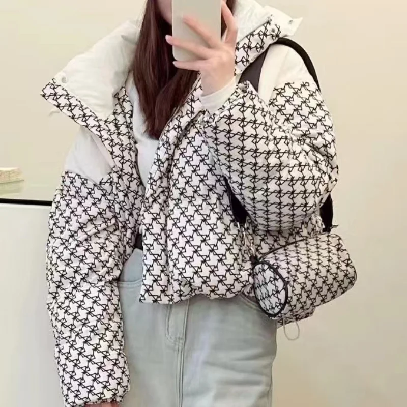 Hooded Patchwork Puffer Jackets with Satchel for Women, Short Down Coats, Padded Parka, Thick Warm Coat, Female Fashion, Winter