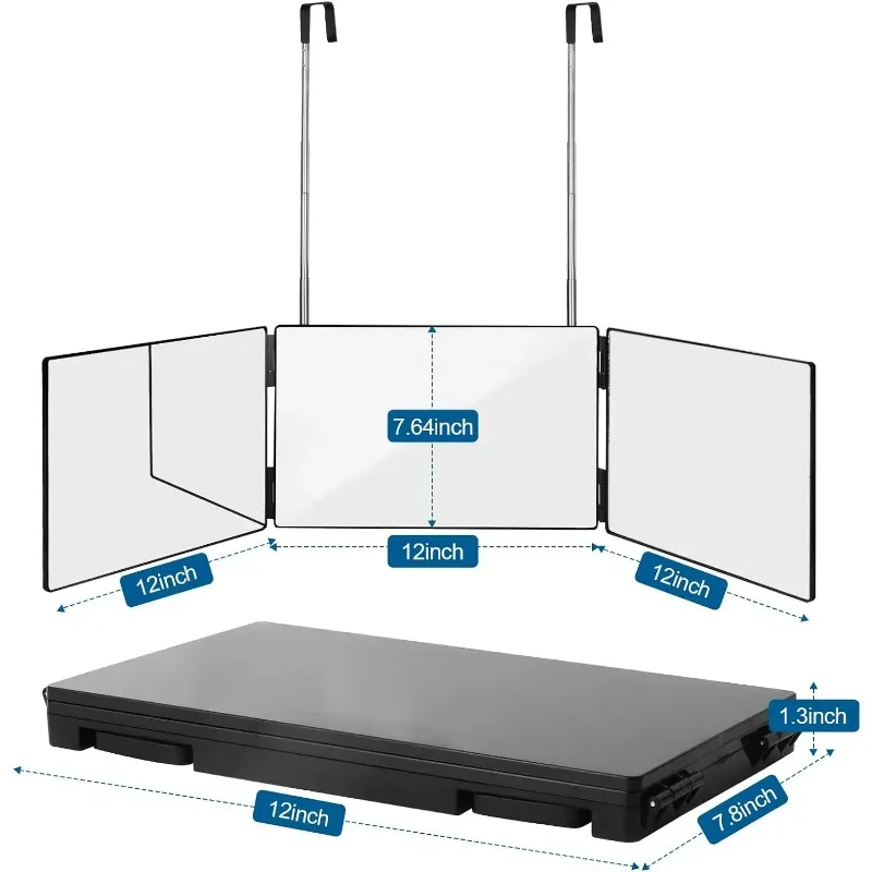 กระจกสามชั้นแบบพกพาสีดํา 360 พร้อมตะขอยืดไสลด์ปรับความสูงได้ เหมาะสําหรับการตัดผม การแต่งหน้าที่จําเป็น ราคาไม่แพง