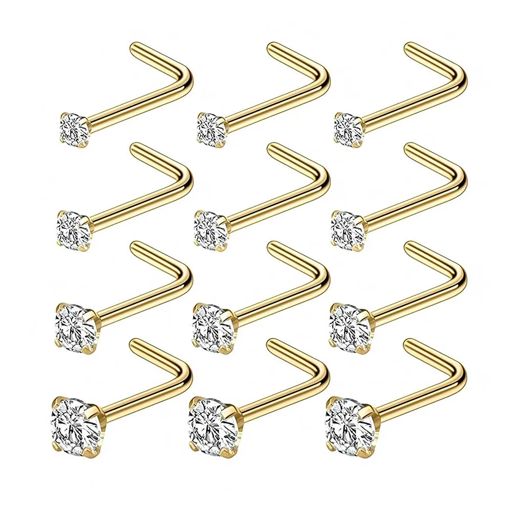 Ensemble complet de 12 pièces de clous de nez en forme de L hypoallergéniques 316L, anneaux de nez en diamant CZ multi-tailles de 1.5 à 3mm, poteaux de perçage pour femmes