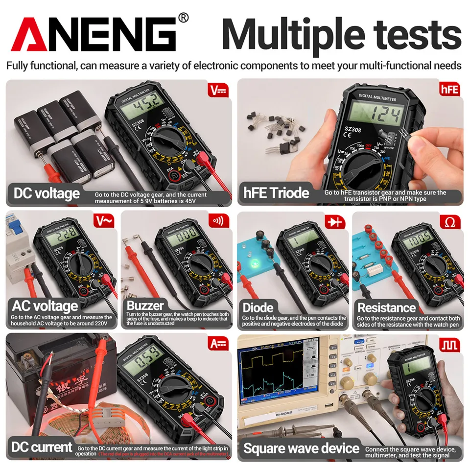 Multímetro digital ANENG SZ308, medidor de corriente AC/DC, voltaje, resistencia, pantalla LCD, prueba de onda cuadrada 4