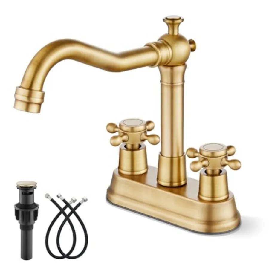 

2 Hole 4 Centerset Bathroom Sink Faucet with Double Cross Handles Deck Mounted Vanity Mixer Tap Utility Include Water Hose, Sui